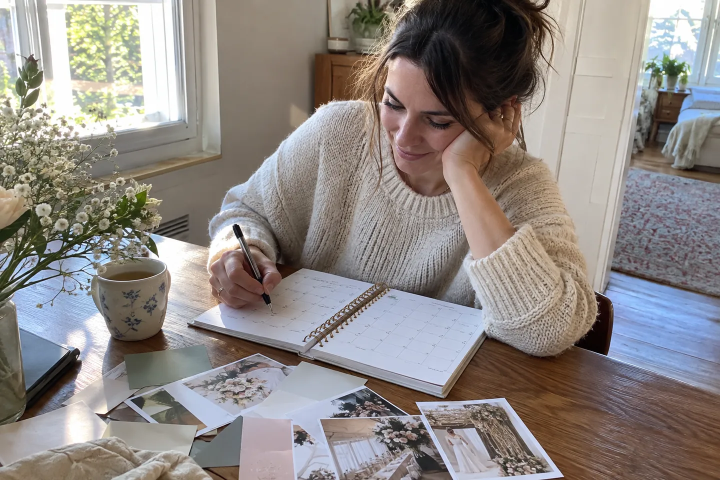 A woman at a wooden desk with a planner open to a calendar and a cup of tea