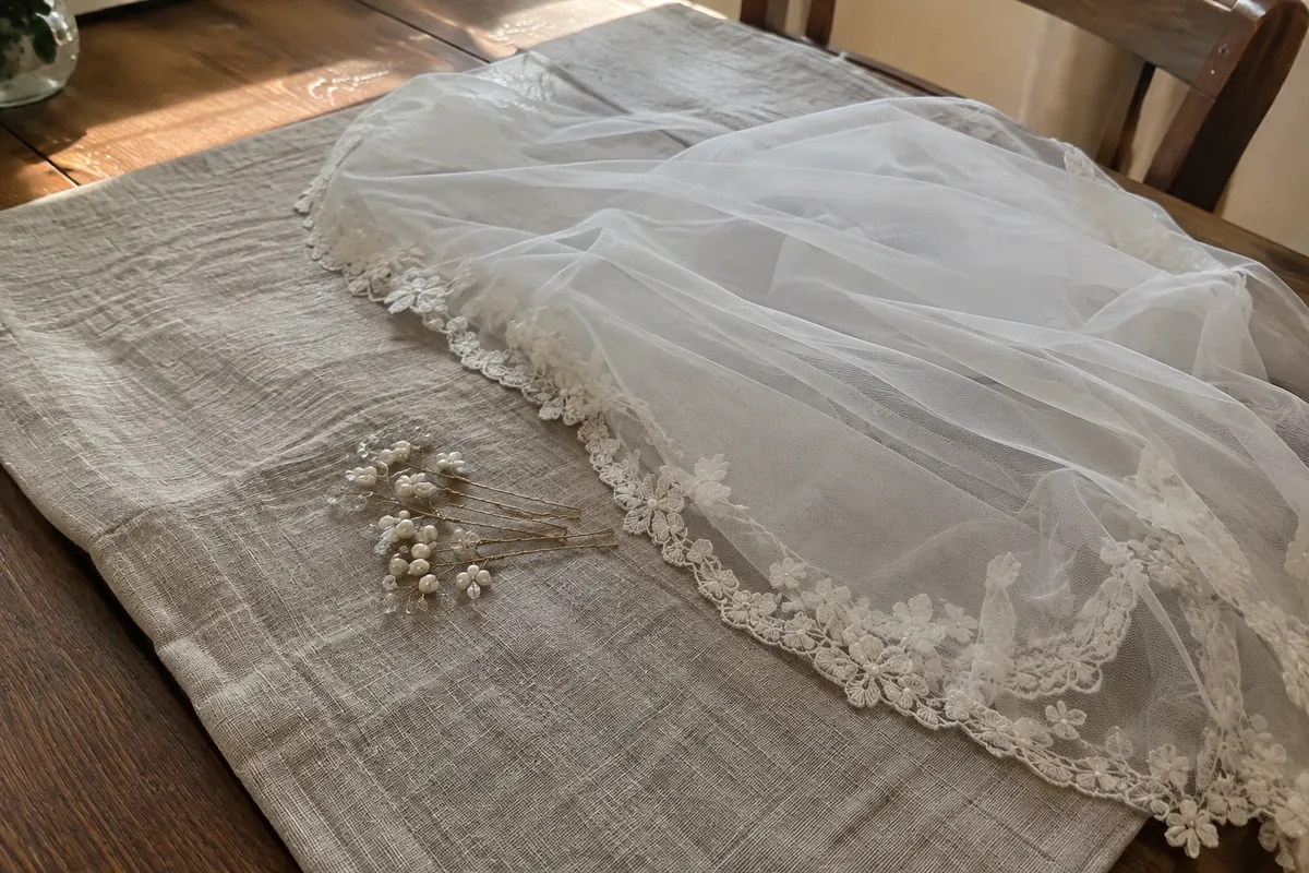 A bridal hair veil and pearl pins laid on a linen cloth