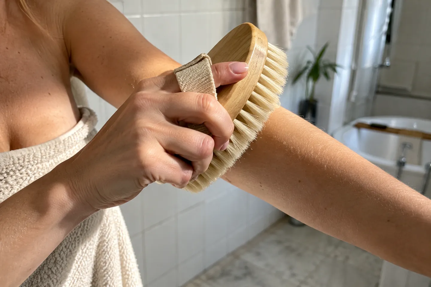 A hand holding a wooden-handled brush against a bare forearm in a bright bathroom