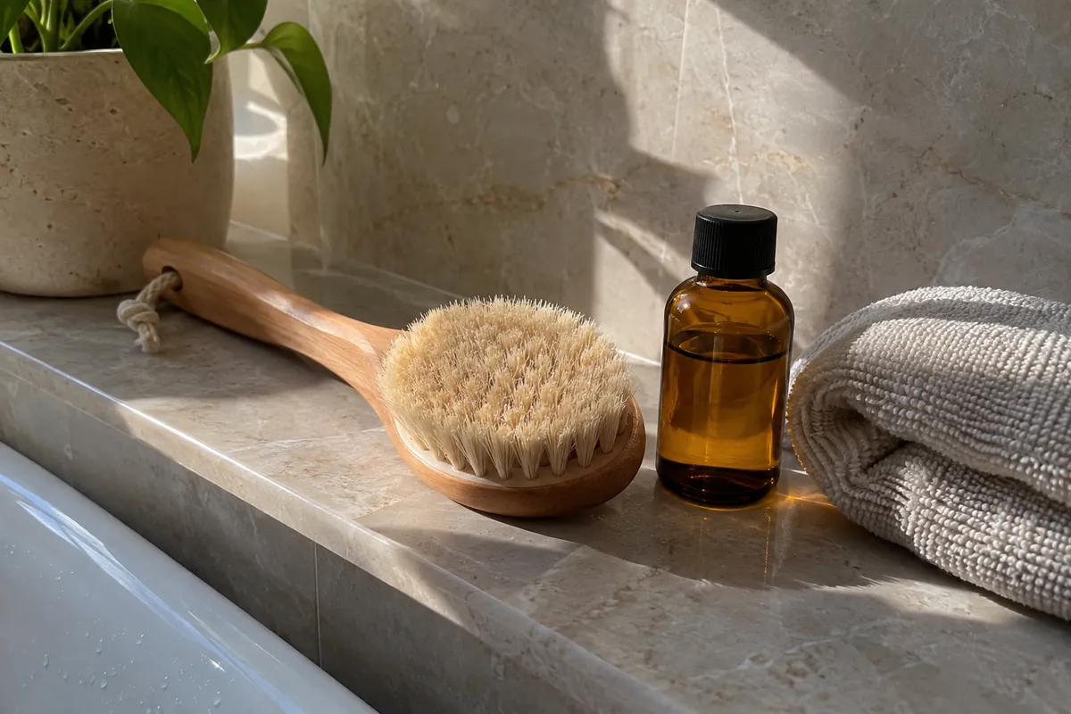 A natural bristle brush and a small amber bottle of body oil on a bathroom shelf
