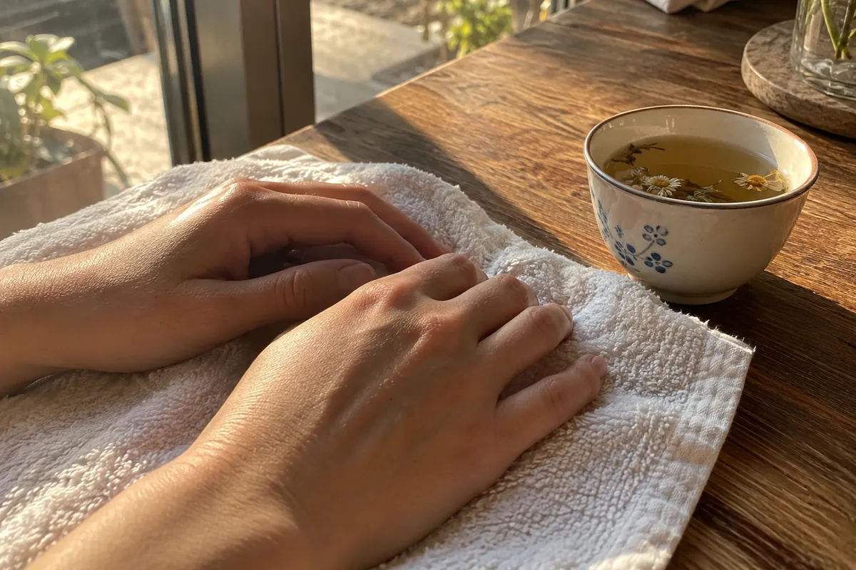 Two hands resting on a warm towel beside a cup of herbal tea