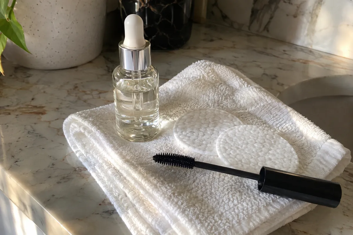 A clear dropper bottle, a clean mascara wand and cotton rounds on a marble counter