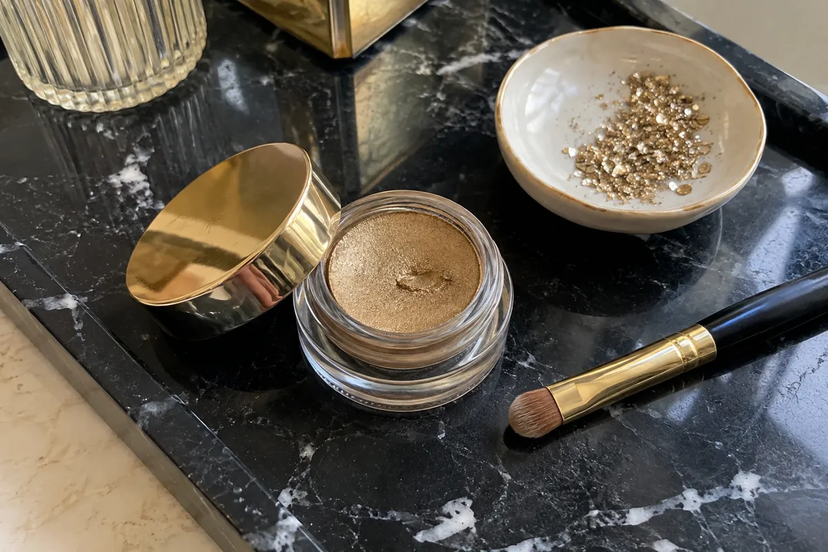 A gold metallic cream shadow on a black marble tray beside a fine brush