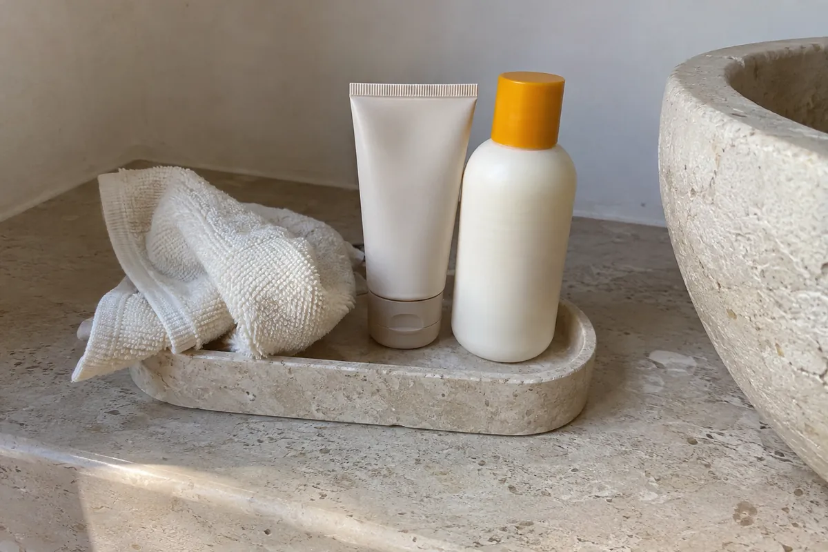 A small tray with a moisturiser tube, a soft cloth and a bottle of sunscreen