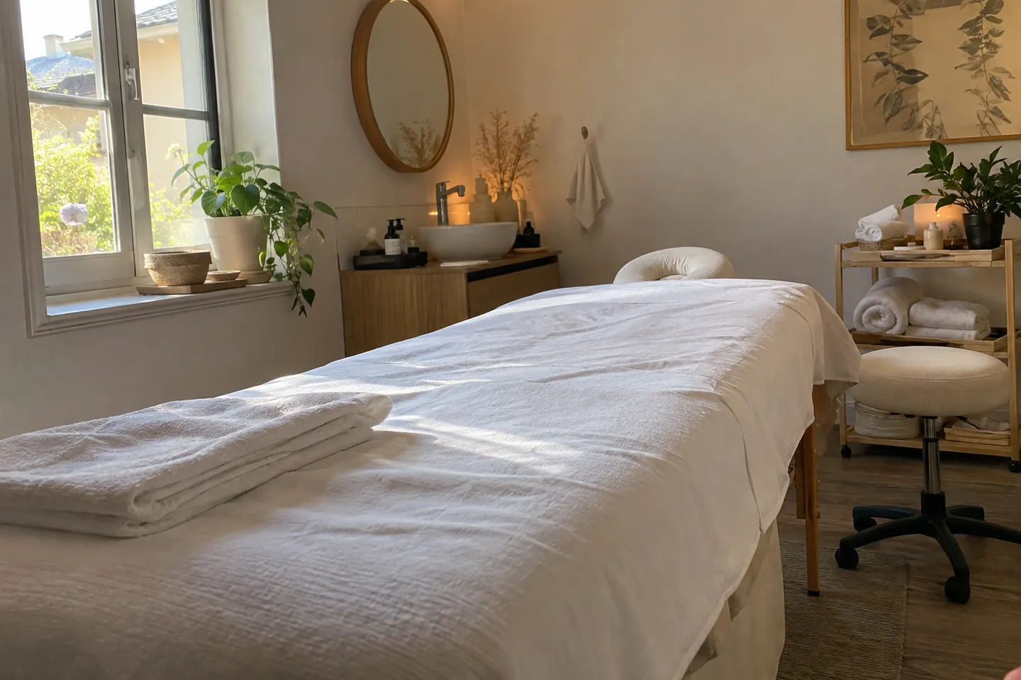 A bright treatment room with a massage bed covered in white linen