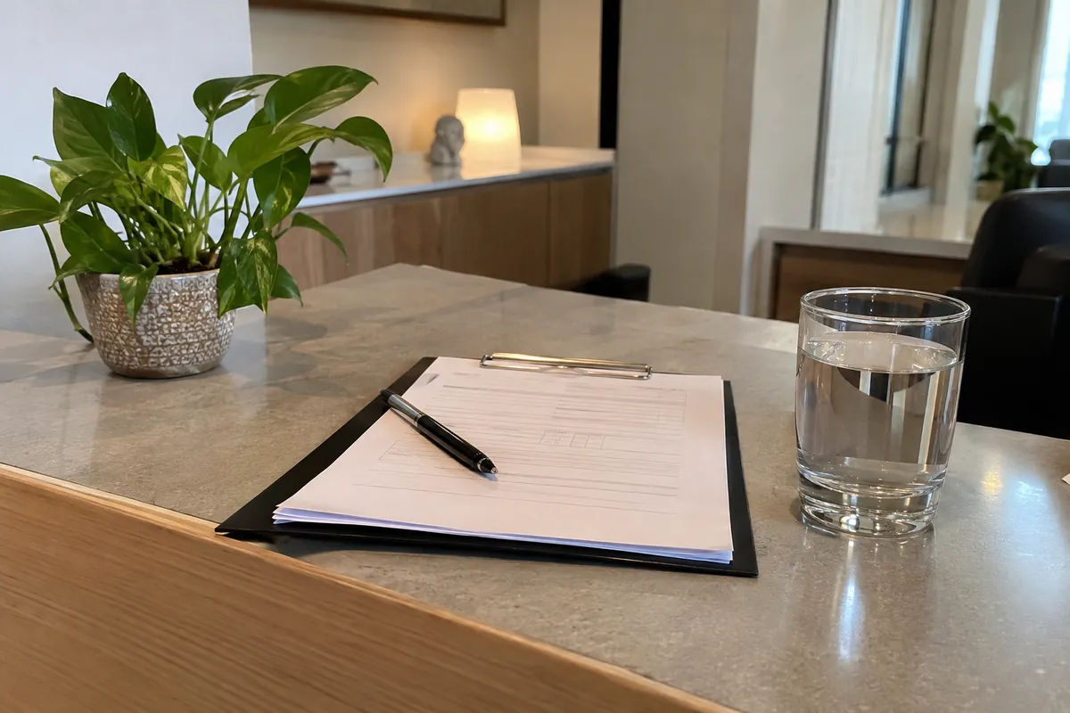 A consultation clipboard with a pen and a glass of water on a reception desk